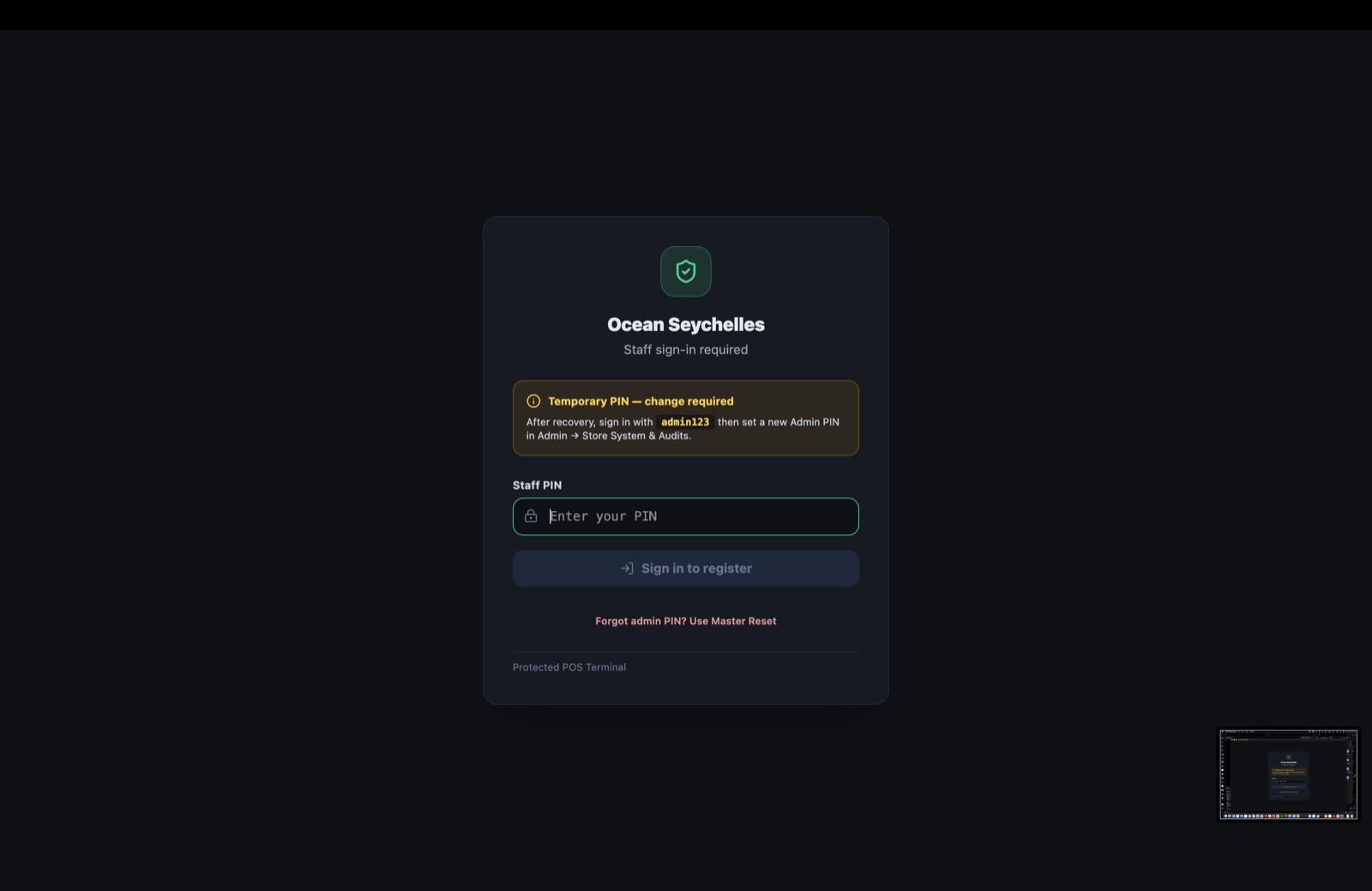 Staff PIN login screen