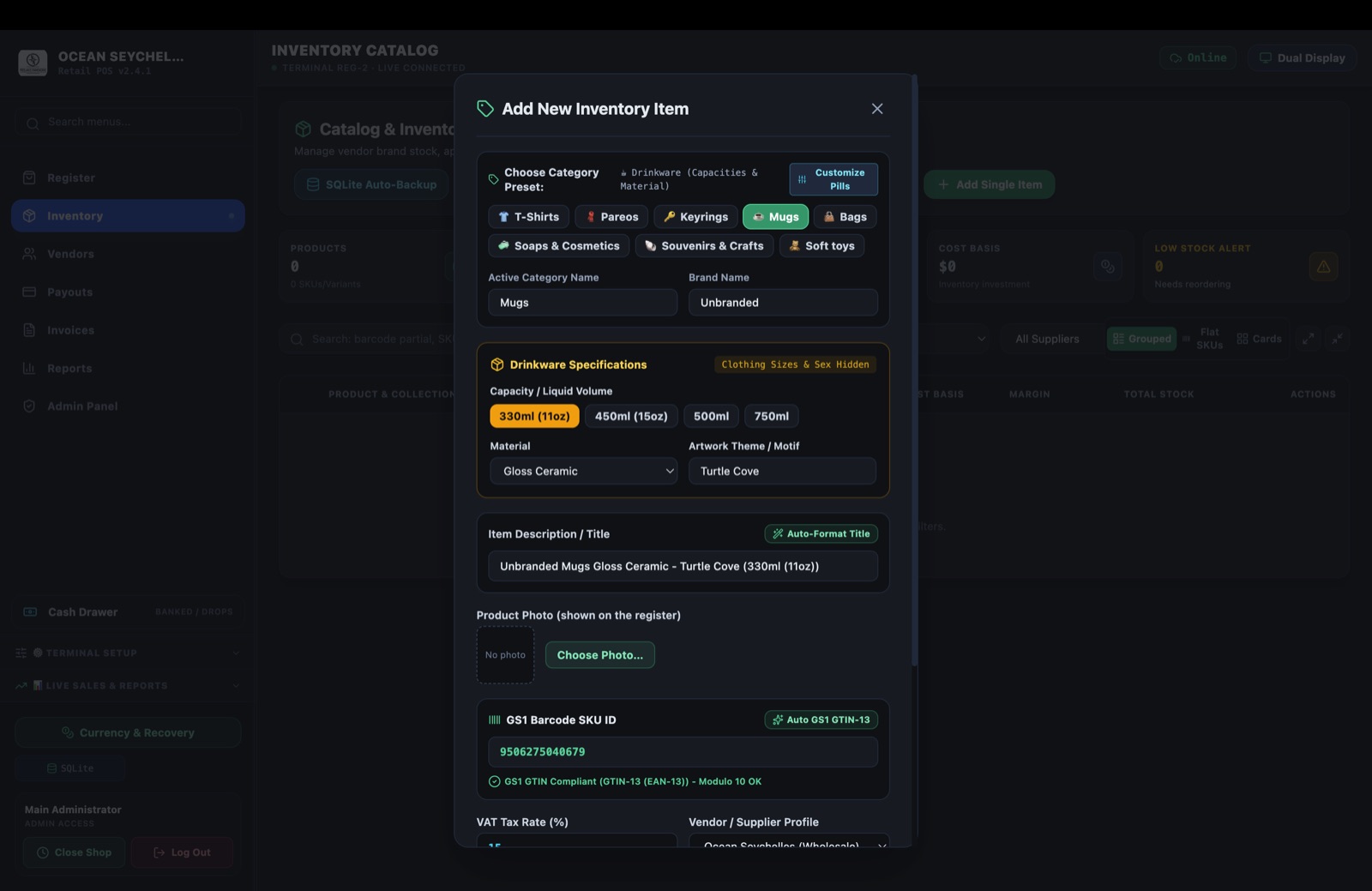 Add new inventory item modal with apparel size matrix