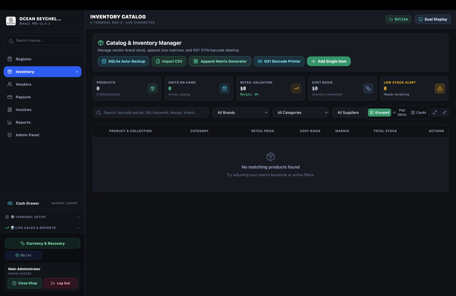 Inventory catalog with GS1 barcode console and low-stock alerts