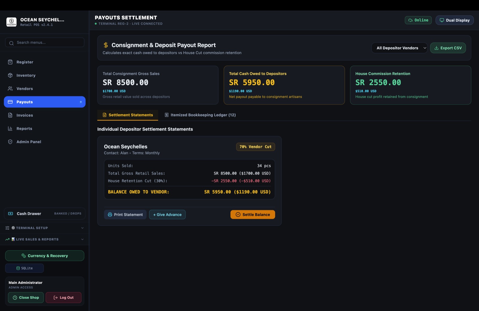 Payouts settlement screen for consignment vendors