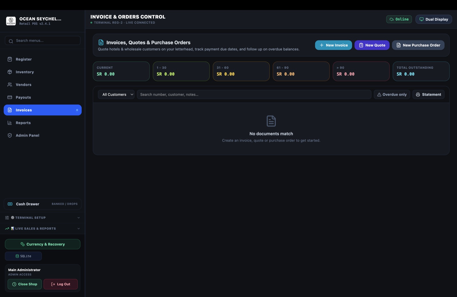 Invoice and orders control screen