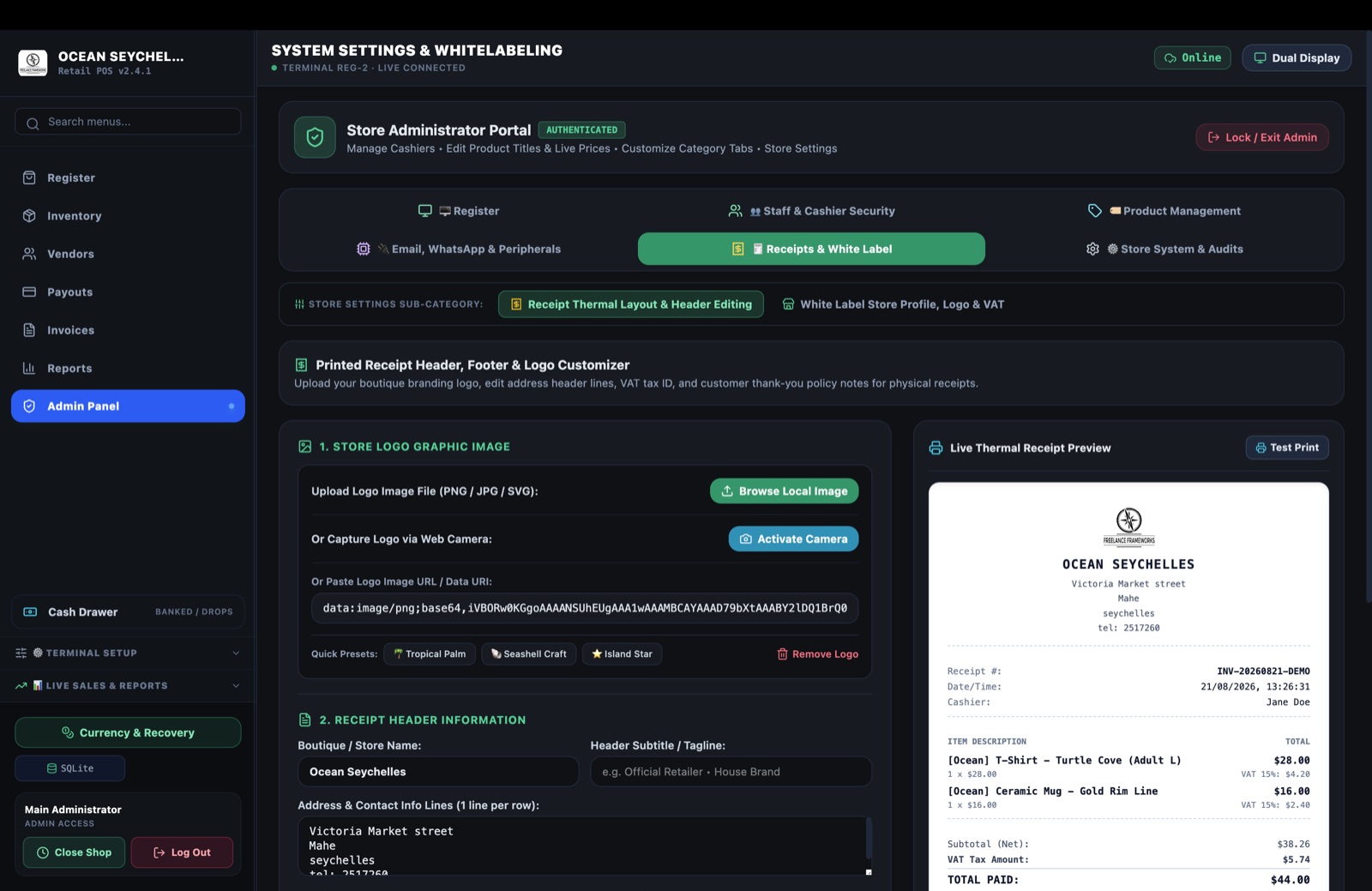 White-label receipt designer with live thermal preview